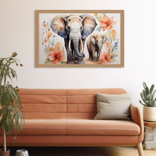 Unique Elephant Mother and Child Floral Watercolor Poster