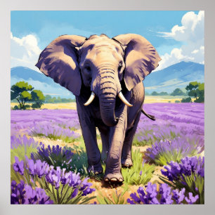 Unique Elephant Walking in Lavender Field Painting Poster
