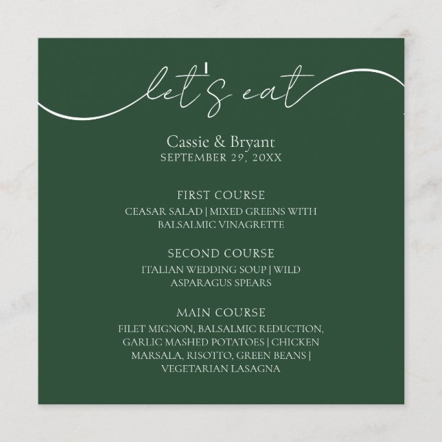 Unique Emerald Green Modern Script Wedding Menu (Front)