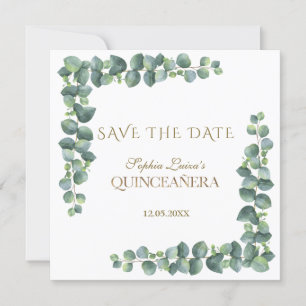 Unique Eucalyptus Foliage Gold Quinceañera Save The Date