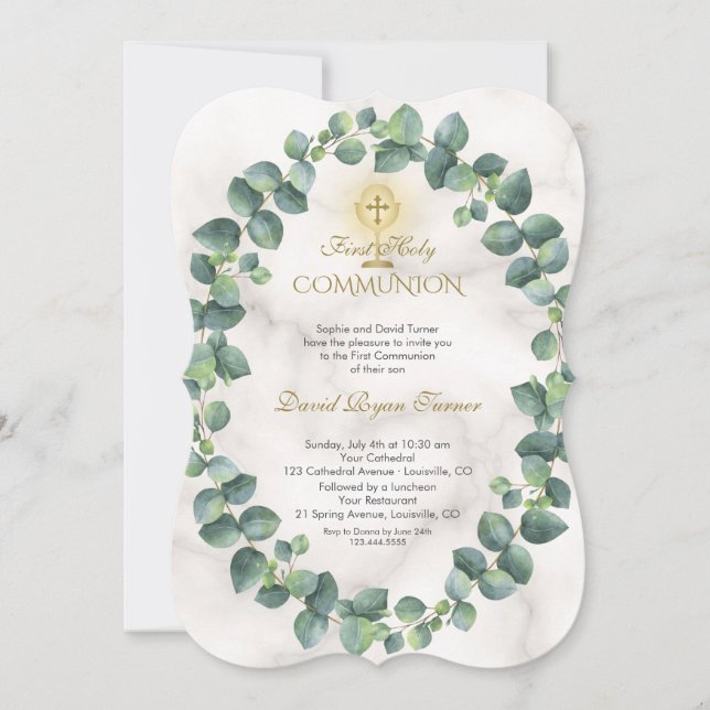 Unique Eucalyptus Wreath Gold Cross Holy Communion Invitation (Front)