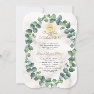 Unique Eucalyptus Wreath Gold Cross Holy Communion Invitation