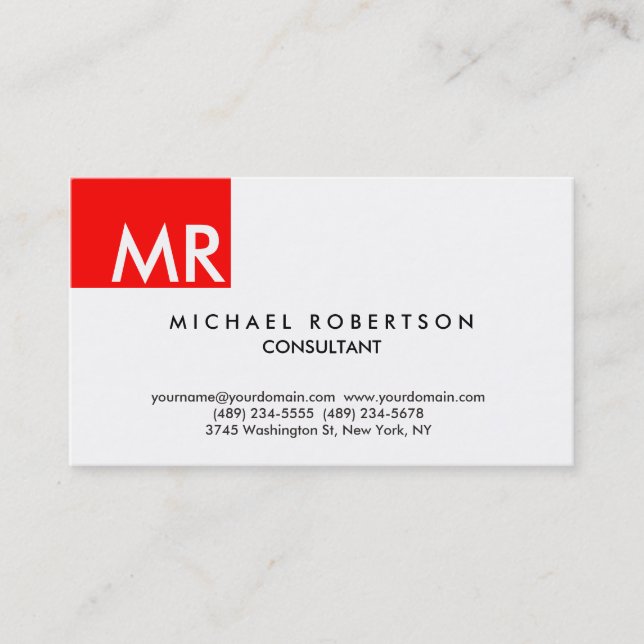 Unique exclusive monogram red white modern business card (Front)