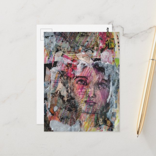 Unique face mixed media collage postcard (Front/Back In Situ)