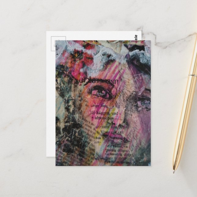Unique face volcabulary mixed media collage postcard (Front/Back In Situ)