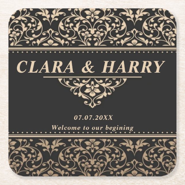 Unique fancy minimalist boho modern wedding  square paper coaster (Front)