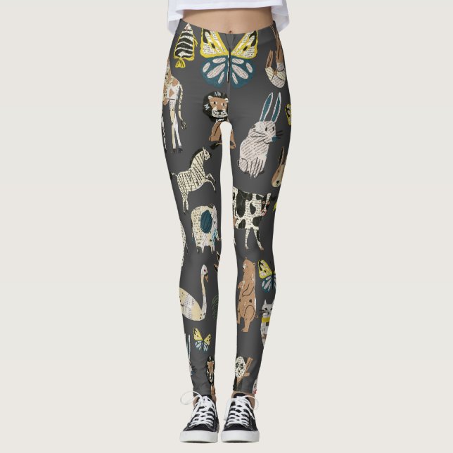 Unique fashion cute animals Paper artwork grey Leggings (Front)