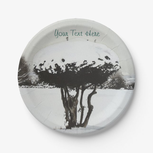 unique festive landscape snow scene at christmas paper plate (Front)