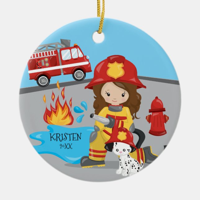 Unique Firefighter Brown Hair Girl Christmas Ceramic Tree Decoration (Front)