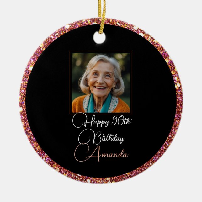 Unique Floral Glitter 90th Birthday Ceramic Tree Decoration (Front)