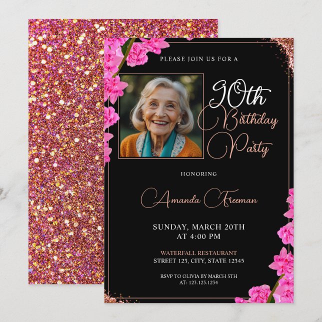 Unique Floral Glitter 90th Birthday Invitation (Front/Back)