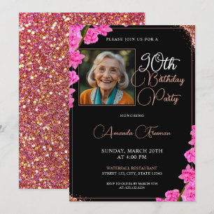 Unique Floral Glitter 90th Birthday Invitation