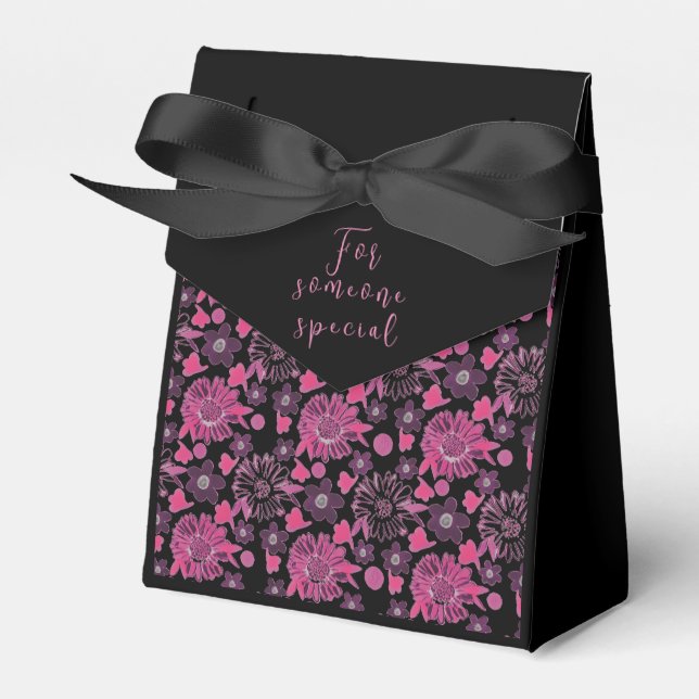 Unique floral in pink/black favour box (Front Side)