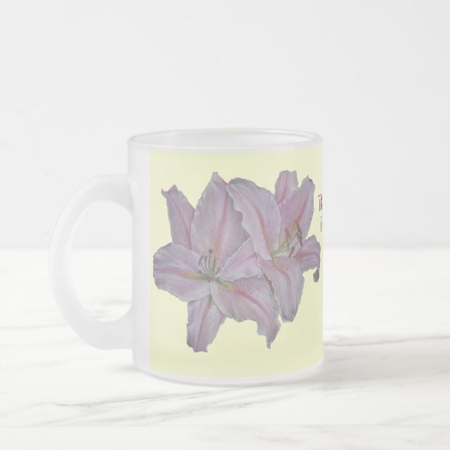 unique floral painting of pretty pink flowers  frosted glass coffee mug (Left)