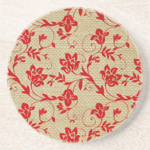 Unique Floral Pattern On Linen Custom Red Coaster
