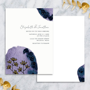 Unique Floral Watercolor Navy Blue Purple Wedding Invitation