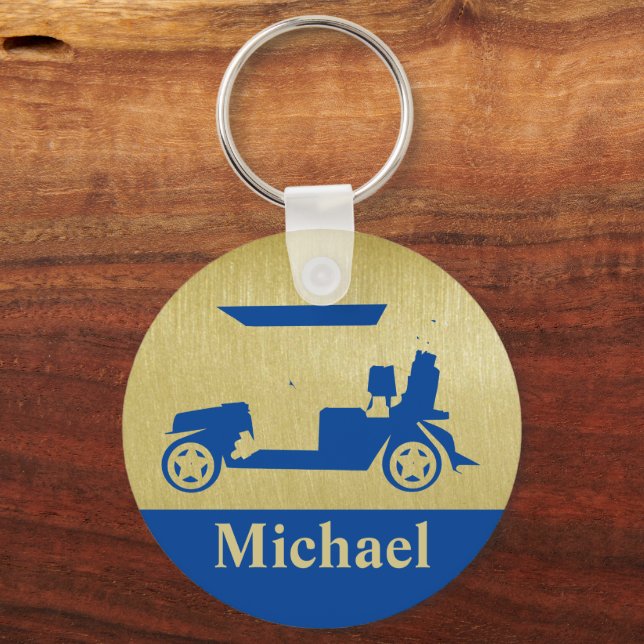 Unique Fun Golf Cart with Clubs First Name Golf Ba Key Ring (Front)