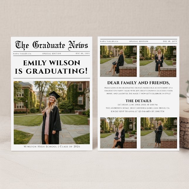 Unique Fun Photo Collage Newspaper Graduation Invitation (Creator Uploaded)