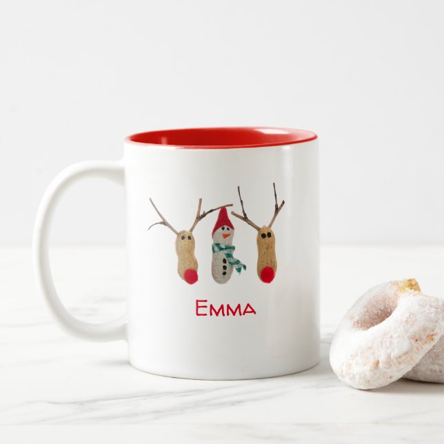 Unique fun reindeer snowman two-tone Christmas mug (With Donut)
