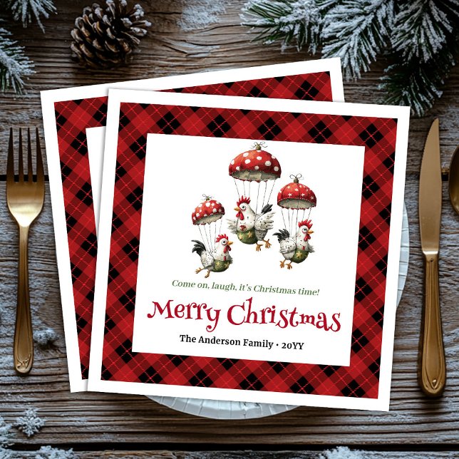Unique Funny Chickens Editable Custom Name Holiday Napkin (Sweet Whimsical Chickens Personalized Red Green Cartoon Christmas Napkins

)