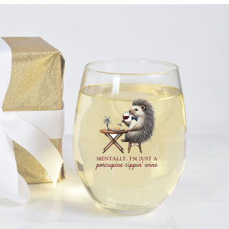 Unique Funny Cute Porcupine Bowtie Wine Lover  Stemless Wine Glass