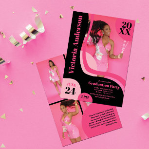 Unique Geometric Pink Black Four Photo Graduation Invitation