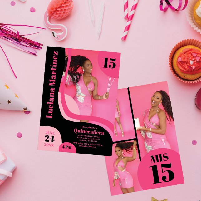 Unique Geometric Pink Black Four Photo Quinceañera Invitation (Creator Uploaded)
