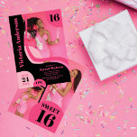 Unique Geometric Pink Black Four Photo Sweet 16 Invitation<br><div class="desc">This girly and modern sweet sixteen birthday party invitation is perfect for the contemporary teen. It features hot pink, medium pink, and black abstract geometric shapes with a bold font that compliments the vibrant colours. It also includes four photos of the guest of honour. It's fun, playful, unique, and cool;...</div>