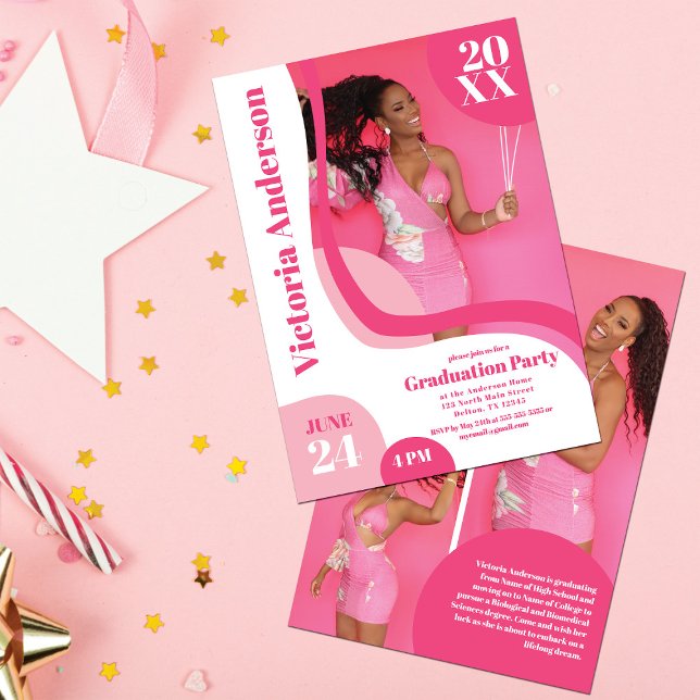 Unique Geometric Pink White Four Photo Graduation Invitation (Creator Uploaded)