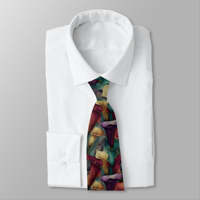Unique Gift  For Boyfriend Calla Lilies Flower Tie (Tied)