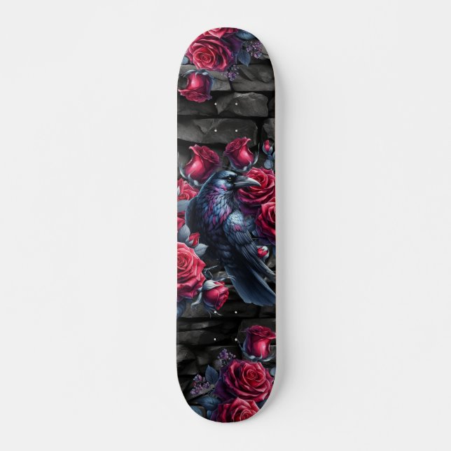 Unique Girly Black Raven & Red Roses Skate Deck (Front)