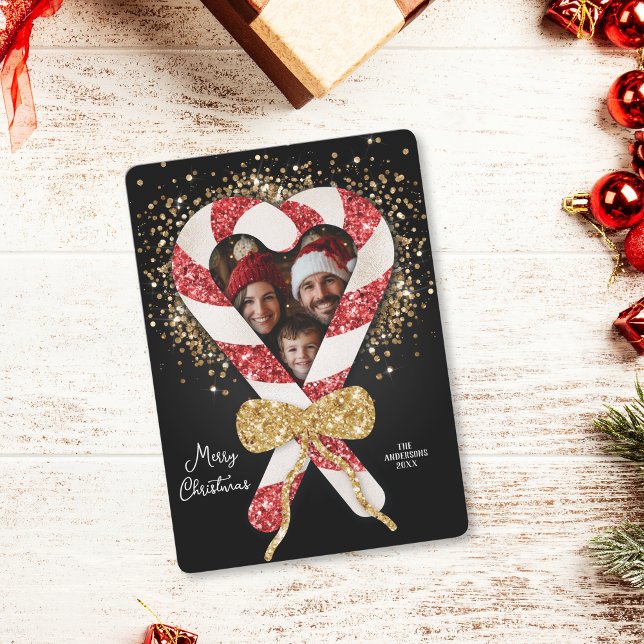 Unique Glitter Candy Cane Frame Photo Christmas Invitation (glitter candy cane photo frame christmas card)