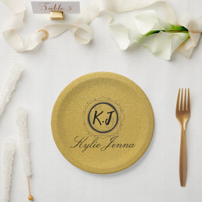 Unique gold and black elegant script calligraphy paper plate (Wedding)