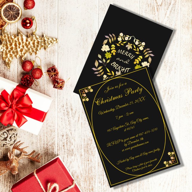 Unique Gold Black Christmas Party Merry & Bright Invitation (Creator Uploaded)