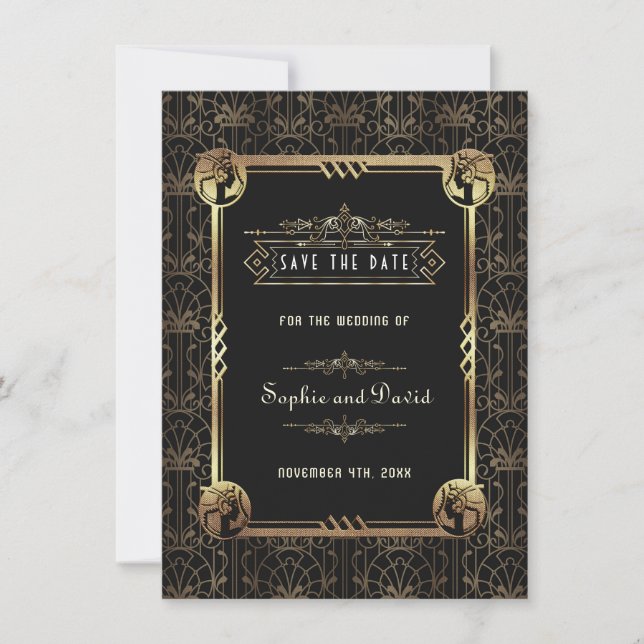 Unique Gold Black Great Gatsby Art Deco Wedding Save The Date (Front)