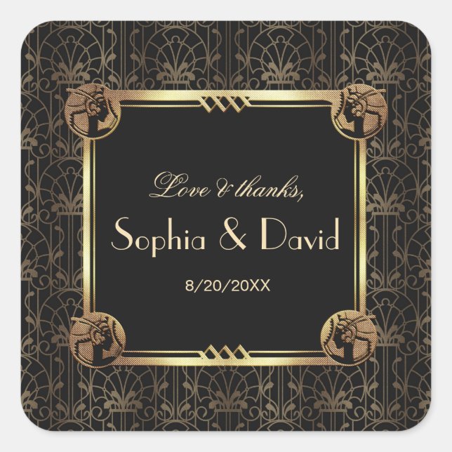 Unique Gold Black Great Gatsby Art Deco Wedding Square Sticker (Front)