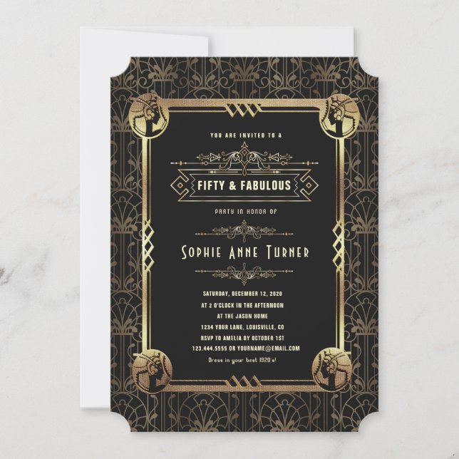 Unique Gold Black Great Gatsby Fifty And Fabulous Invitation (Front)