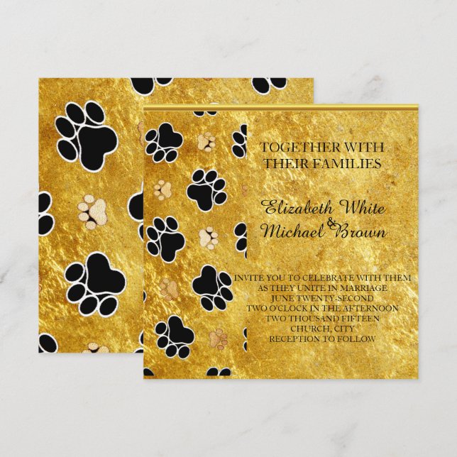 Unique gold foil dag paw delight fun invitation (Front/Back)