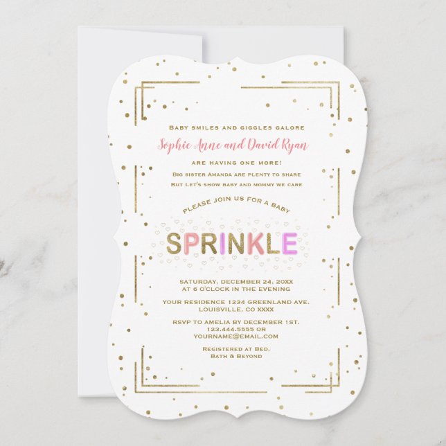 Unique Gold Glitter SPRINKLE Girl Baby Shower Invitation (Front)