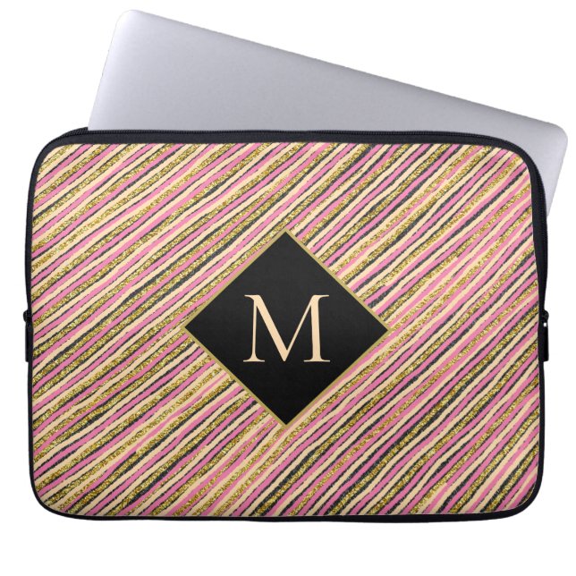 Unique Gold Glitter Stripes Monogram  Laptop Sleeve (Front)