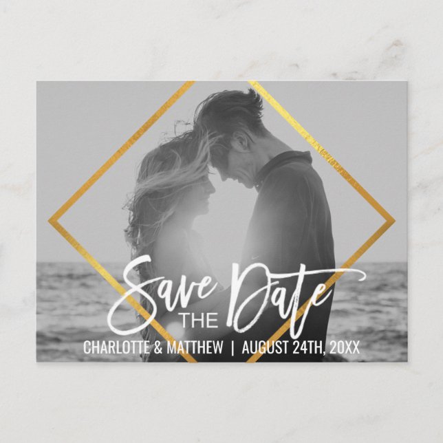 Unique Gold Script Wedding SAVE THE DATE w/ PHOTO Announcement Postcard (Front)