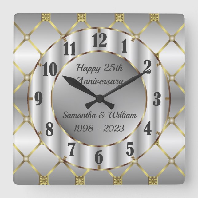 Unique Gold Silver And Black Wedding Anniversary Square Wall Clock (Front)