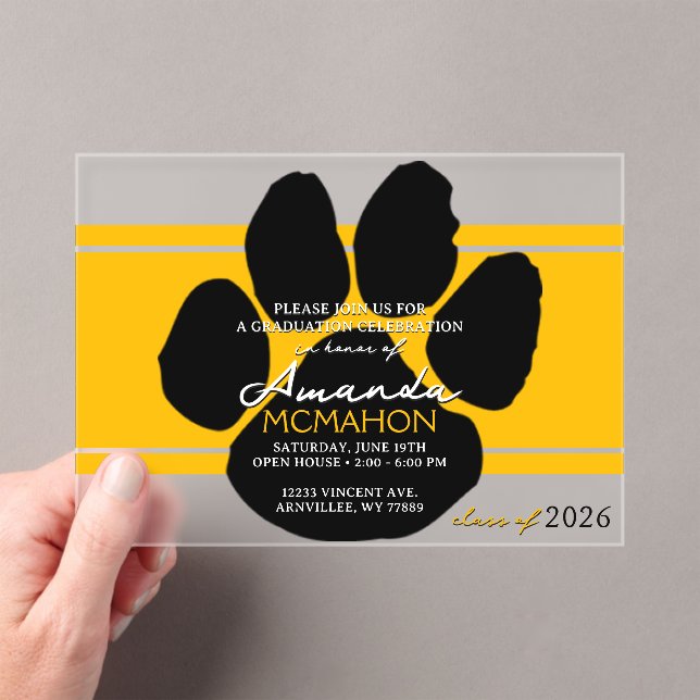 Unique Gold Yellow & Black Graduation Pawprint Acrylic Invitations (Insitu (Handheld))