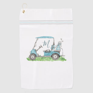 Unique Golf Cart Blue Monogram Watercolor Golf Towel