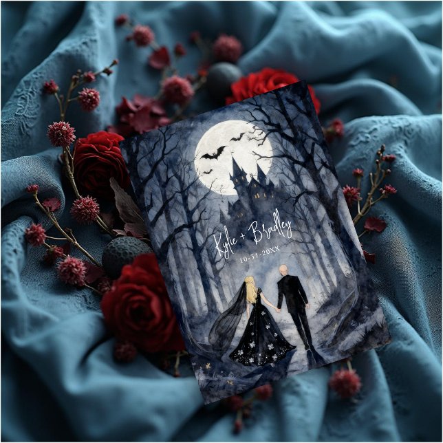 Unique Gothic Forest Wedding Couple Haunted Castle Invitation (Unique Gothic Forest Wedding Couple Haunted Castle Invitation Card Design.)