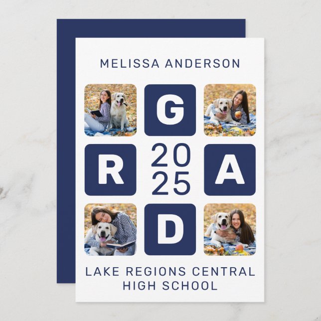 Unique Grad Navy Blue White 5 Photo Graduation Invitation (Front/Back)