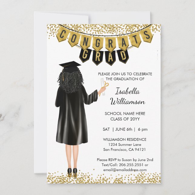 Unique Graduation Invitation Black Hair (Front)