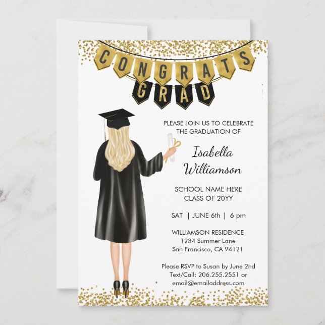 Unique Graduation Invitation Blonde Hair (Front)