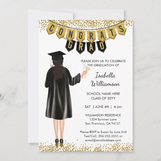 Unique Graduation Invitation Brown Hair (Front)