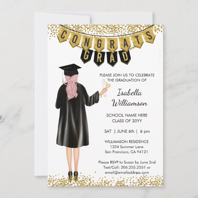 Unique Graduation Invitation Pink Hair (Front)